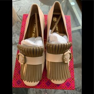 Tory Burch Multi Logo Kiltie Loafer Pumps
Color Brie / Sunflower seed